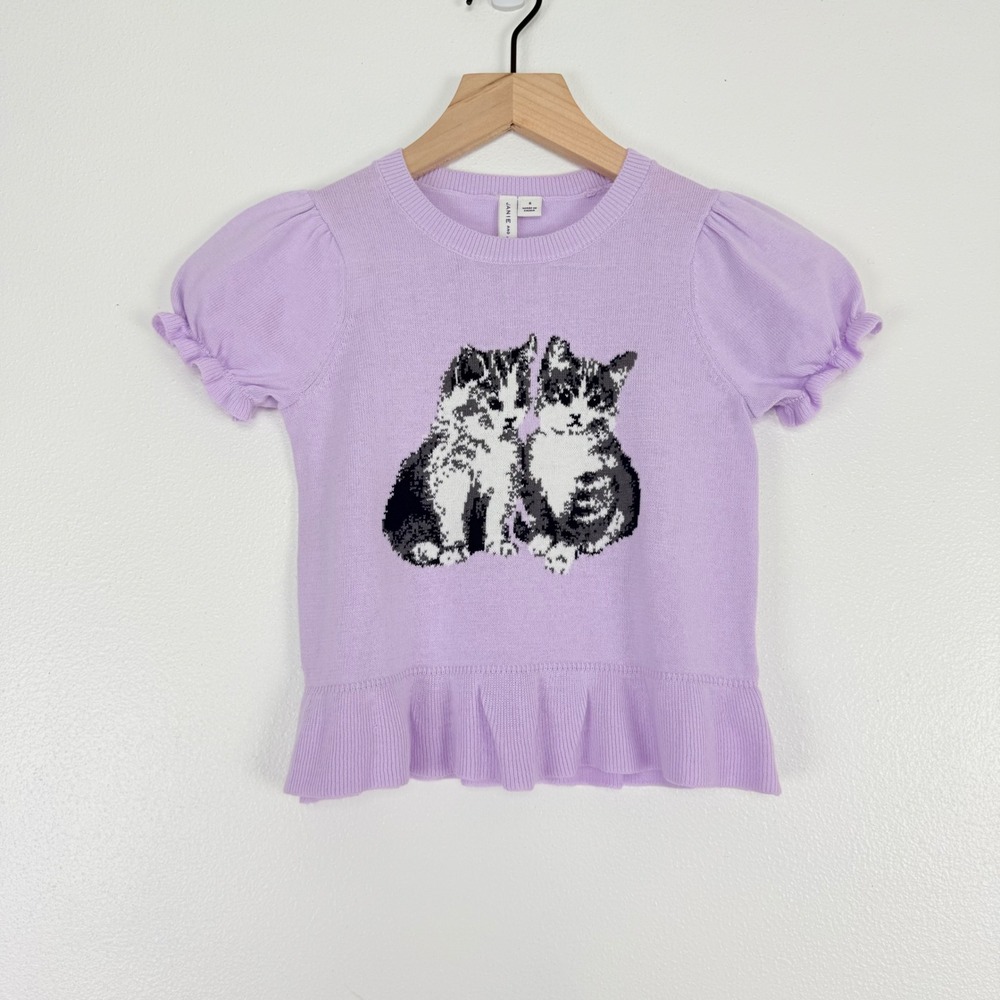 Janie and Jack Kitten‎ Peplum Sweater Top Girls Size 6 Purple Puff Sleeve Ruffle
